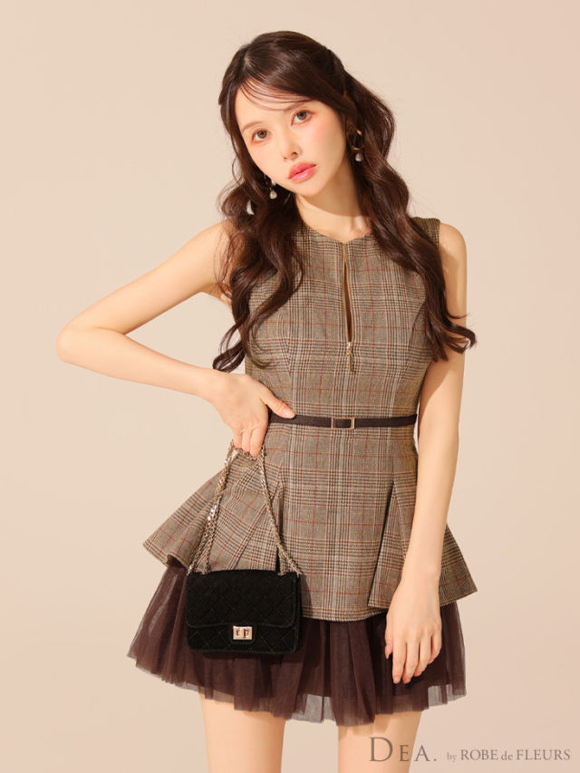 ROBE de FLEURSノースリーブベルトデザインチュールミニキャバドレス XS～Lサイズあり】チェックノースリーブベルトデザインチュール