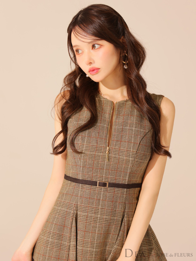 ルミニョン　レイヤードチェックベルトドレス　キャメル ルミニョン レイヤードチェックベルトドレス キャメル ルミニョン