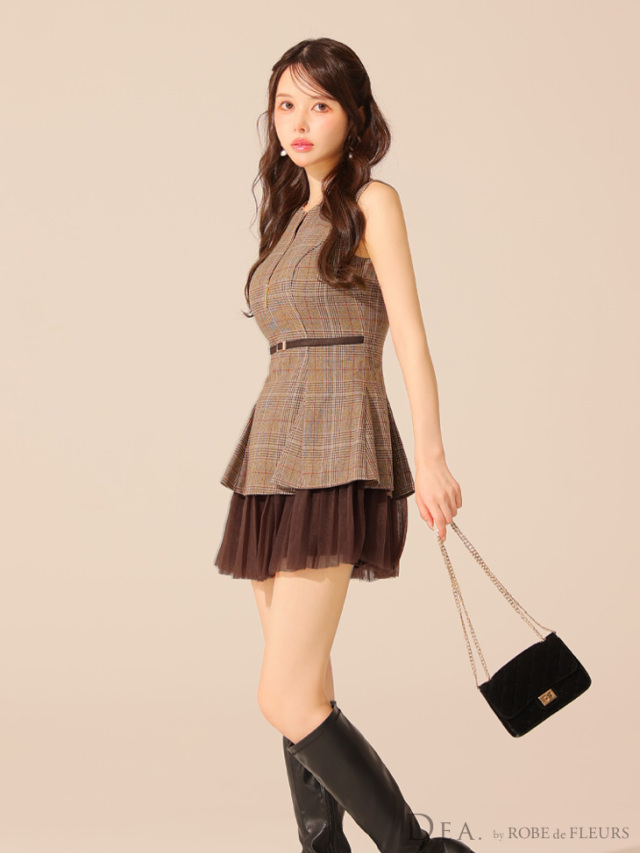 XS～Lサイズあり】チェックノースリーブベルトデザインチュールミニ