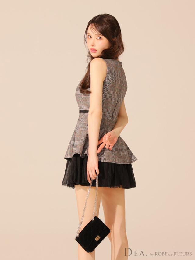 チェックノースリーブベルトデザインチュールミニキャバドレス(DE3477) XS～Lサイズあり】チェックノースリーブベルトデザインチュールミニ