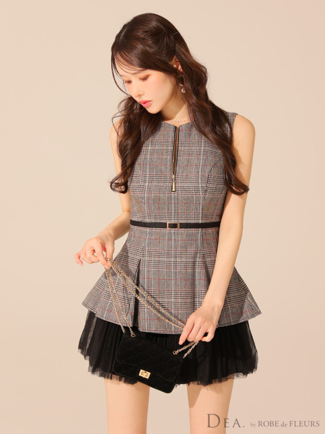 ROBE de FLEURS ノースリーブベルトデザインチュールミニキャバドレス XS～Lサイズあり】ノースリーブベルトデザインチュールミニ