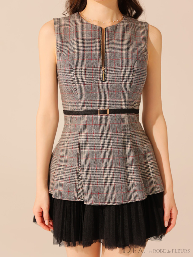 チェックノースリーブベルトデザインチュールミニキャバドレス(DE3477) XSサイズあり【DEA./ディア】チェック/ ノースリーブ/ ベルトデザイン
