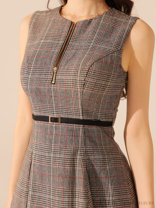 XS～Lサイズあり】チェックノースリーブベルトデザインチュールミニ