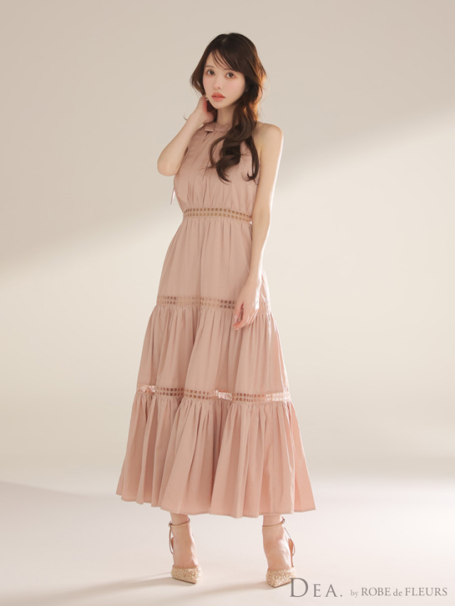 Lサイズあり】リボンタイスカラップレースフレアロングキャバドレス