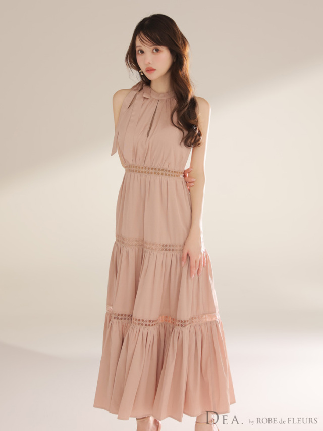 Lサイズあり】リボンタイスカラップレースフレアロングキャバドレス