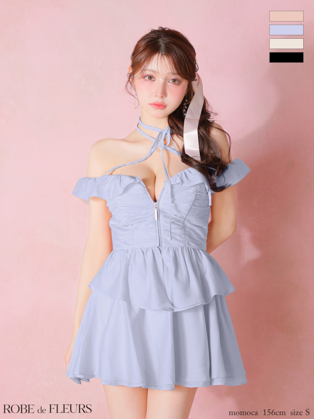 XSサイズあり】フリルオフショルリボンミニセットアップキャバドレス