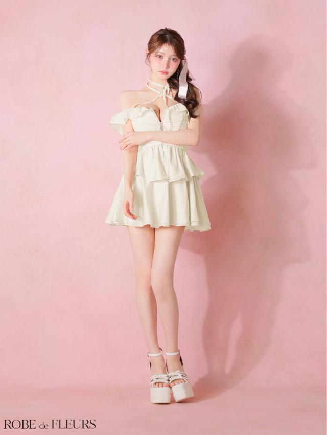 XSサイズあり】フリルオフショルリボンミニセットアップキャバドレス