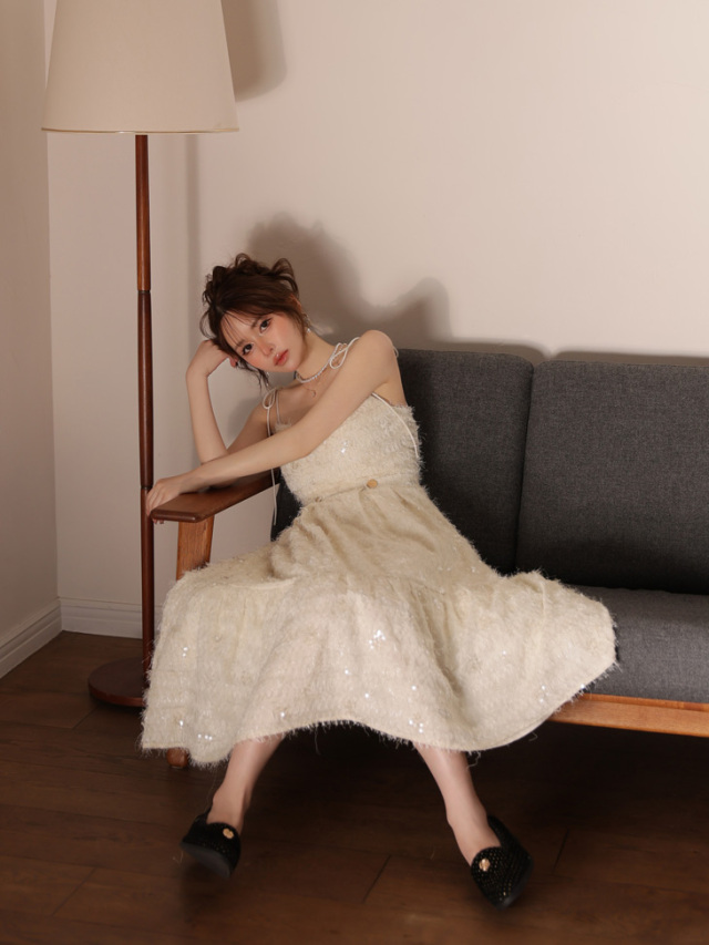 XS～Lサイズあり】スパンコールチュールフレアロングキャバドレス(DE3485)