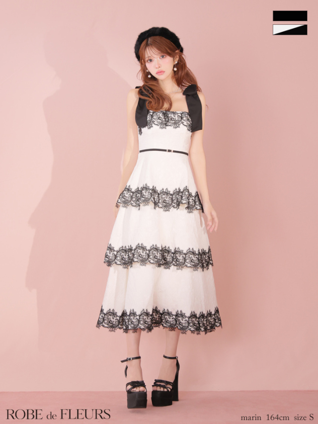 ホワイトfm3487 ディアバイローブドフルール　エルケイ　キャバドレス Lサイズあり】ジャガードレースティアードロングキャバドレス(fm3487)