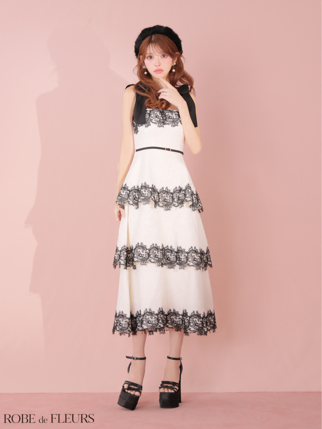 robe de fleurs ジャガードレースティアードロングキャバドレス robe de fleurs ジャガードレースティアードロングキャバドレス