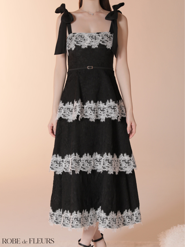 robe de fleurs ジャガードレースティアードロングキャバドレス