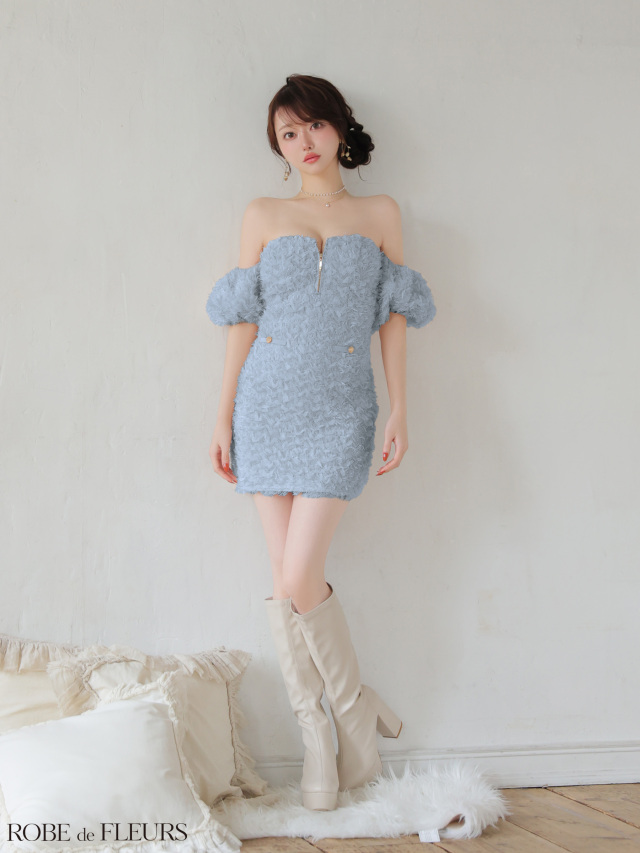 XSサイズあり】立体フリンジレースパフスリーブオフショルミニキャバ