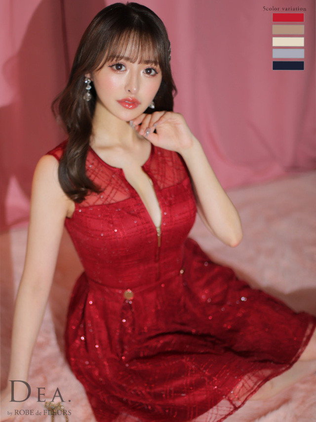 Lサイズあり】チェック柄刺繍レースフレアミニキャバドレス(DE3502) 