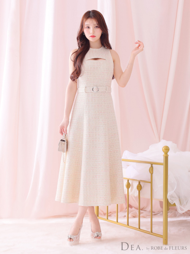 Lサイズあり】ノースリーブバストカットツイードフレアロングキャバ  