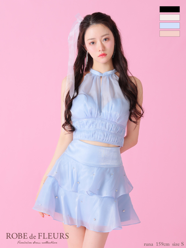 XSサイズあり】サテンホルターティアードフレアミニキャバドレス(fm3593) 