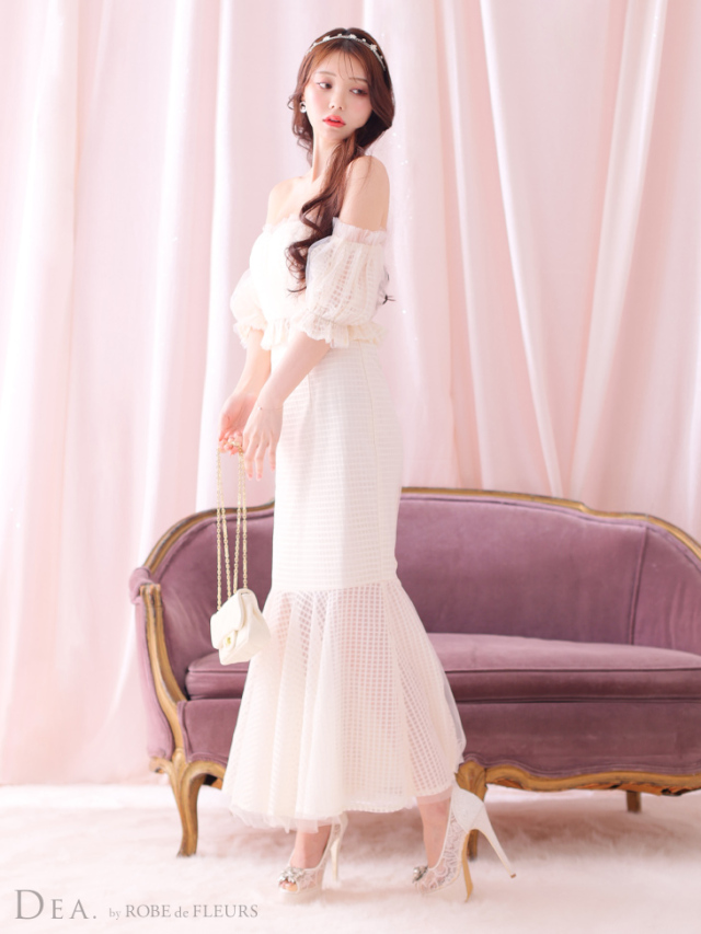 Lサイズあり】フリルオフショルセットアップロングキャバドレス(DE3601) 