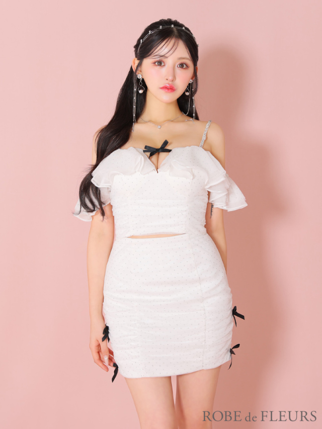 XSサイズあり】オフショルフリルチュールミニリボンセットアップキャバ  