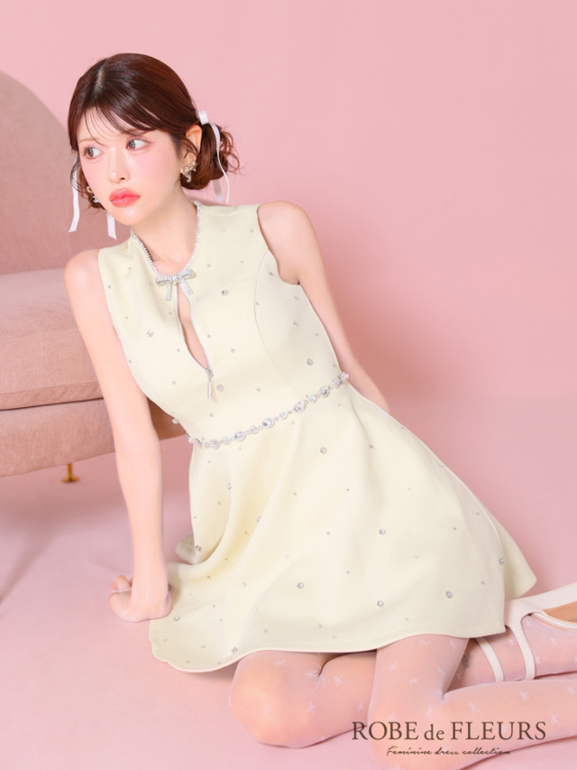 XSサイズあり】リボンビジューバストカットフレアミニキャバ