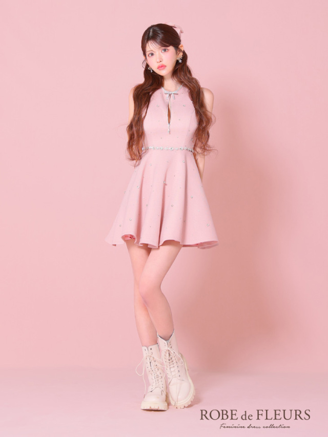 XSサイズあり】リボンビジューバストカットフレアミニキャバ