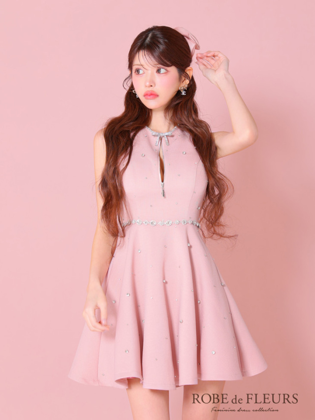 XSサイズあり】リボンビジューバストカットフレアミニキャバ