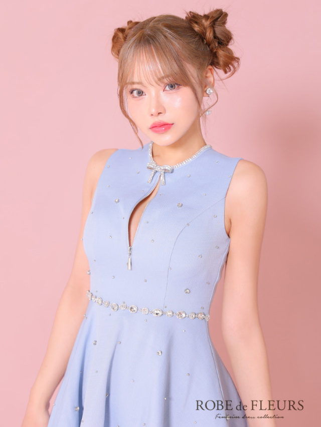 XSサイズあり】リボンビジューバストカットフレアミニキャバドレス(fm3618)