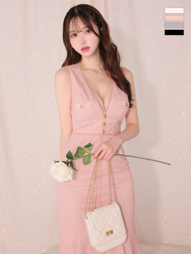 Lサイズあり】ゴールドボタンサマーラメロングキャバドレス(DE3720) 