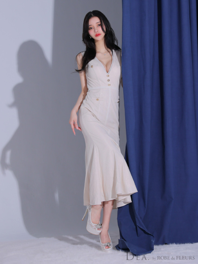 Lサイズあり】ゴールドボタンサマーラメロングキャバドレス(DE3720) 