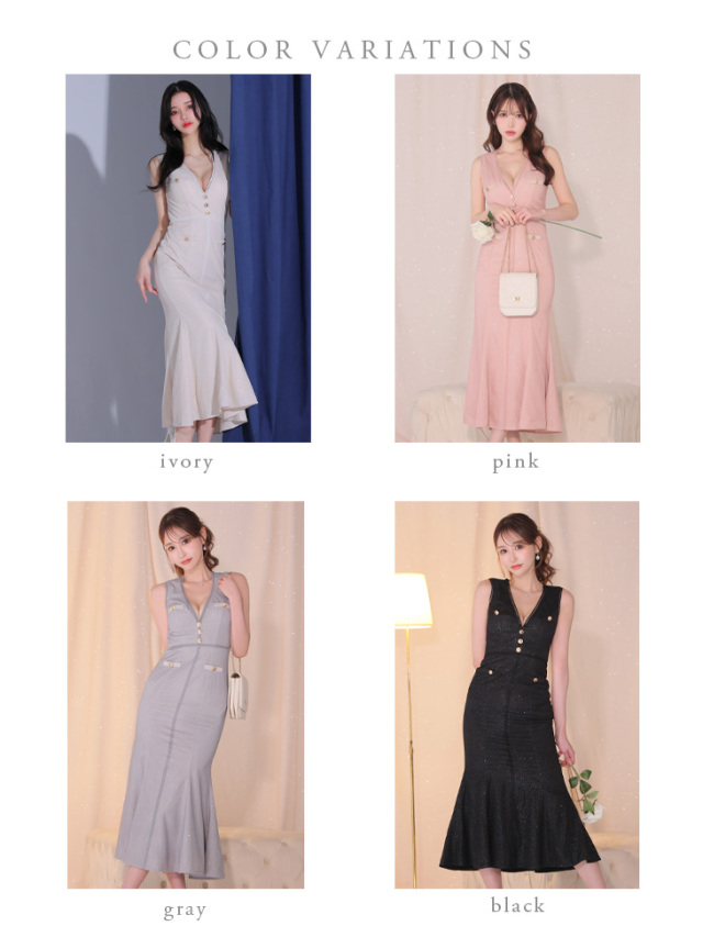 Lサイズあり】ゴールドボタンサマーラメロングキャバドレス(DE3720) 