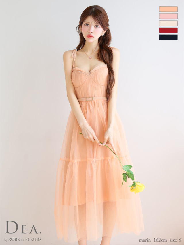 XS～Lサイズあり】ショルダーリボンフレアチュールロングキャバドレス  