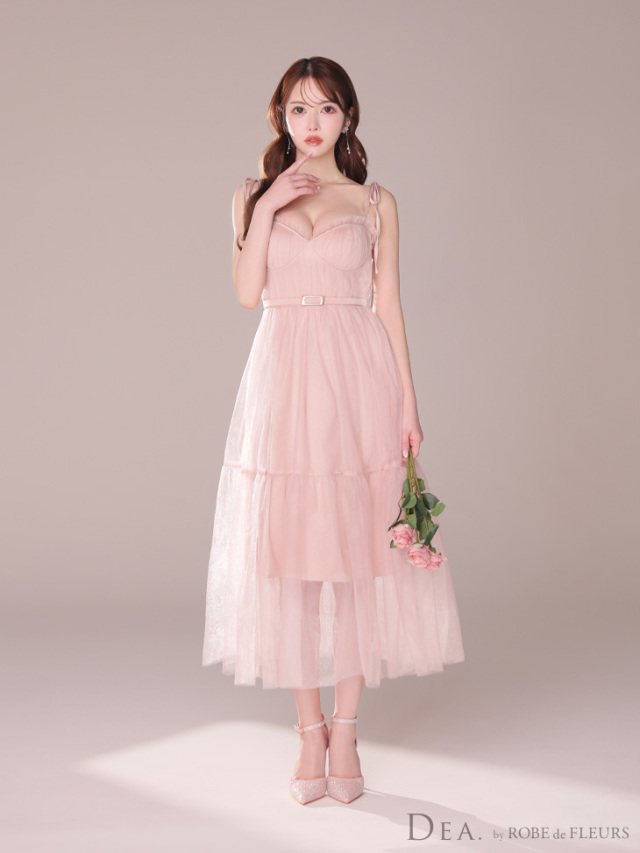 XS～Lサイズあり】ショルダーリボンフレアチュールロングキャバドレス  