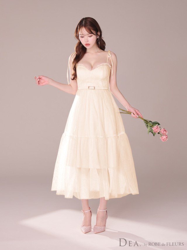 XS～Lサイズあり】ショルダーリボンフレアチュールロングキャバドレス  