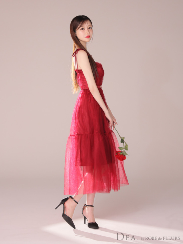 XS～Lサイズあり】ショルダーリボンフレアチュールロングキャバドレス  