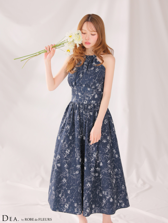 XS～Lサイズあり】花柄ホルターネックフレアロングキャバドレス(DE3783)