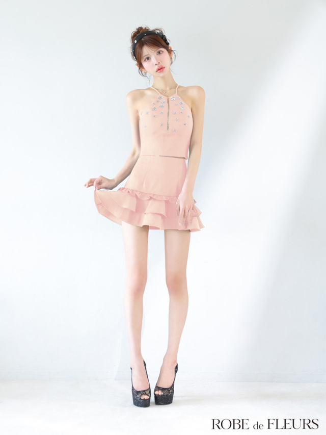 ビジュー ホルターネック ツイード フレア キャバドレス XSサイズあり】ビジューホルターネックツイードフレアミニキャバドレス