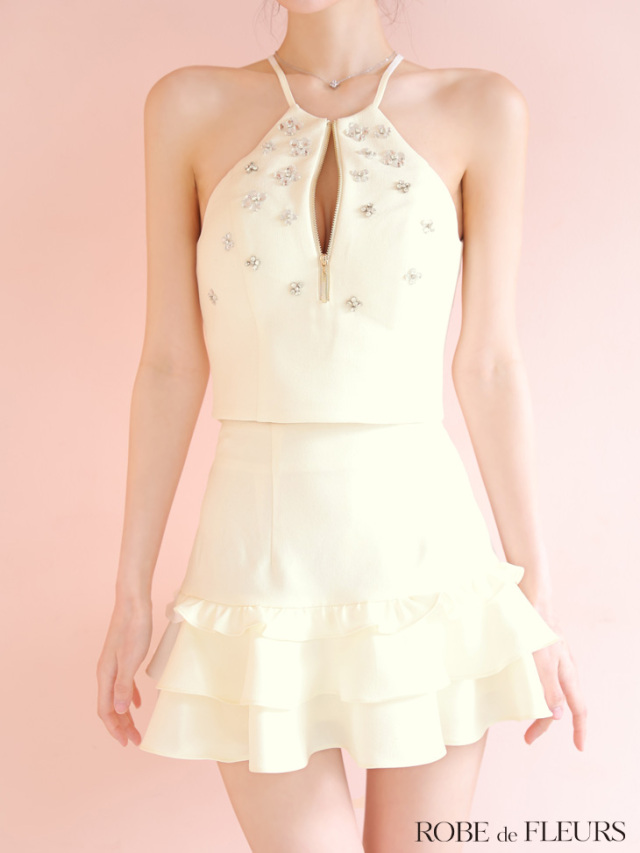 XSサイズあり】ホルターネックビジューフレアセットアップミニキャバ