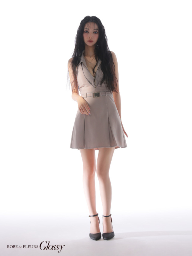 【美品】完売品 ROBE de FLEURS ミニドレス キャバドレス XS~Lサイズあり】襟付きレイヤードデザインフレアミニキャバドレス(GL3937)