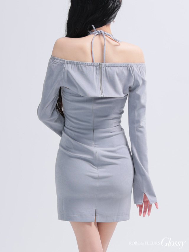 ROBE de FLEURS GL3938 ミニキャバドレス blue gray XSサイズあり】ボレロスエードホルタータイトミニキャバドレス