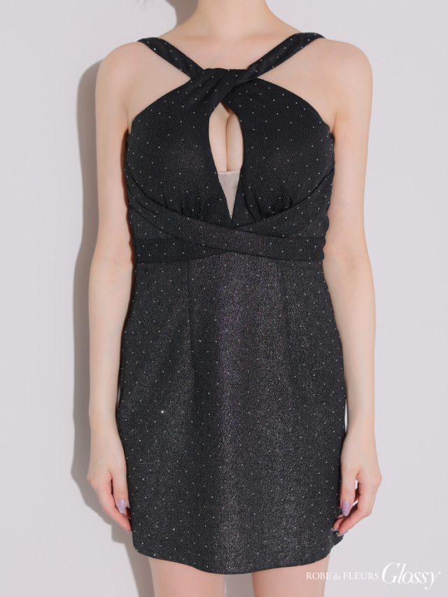 キャバドレス 美品 XSサイズあり】クロスネックデザインストーンラメニットミニ