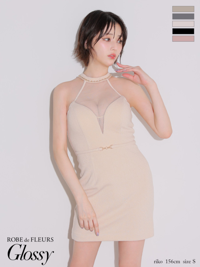 glossyドレス XS～Lサイズあり】シアーバストホルターワッフルミニキャバ