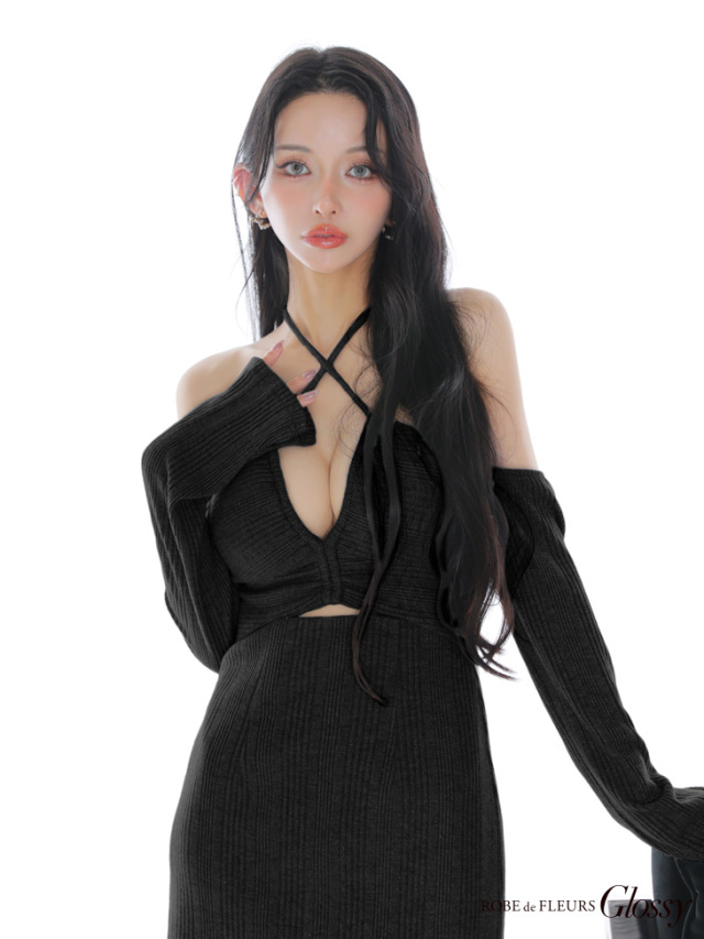 XSサイズあり】ラメリブニットカッティングタイトオフショルミニキャバ