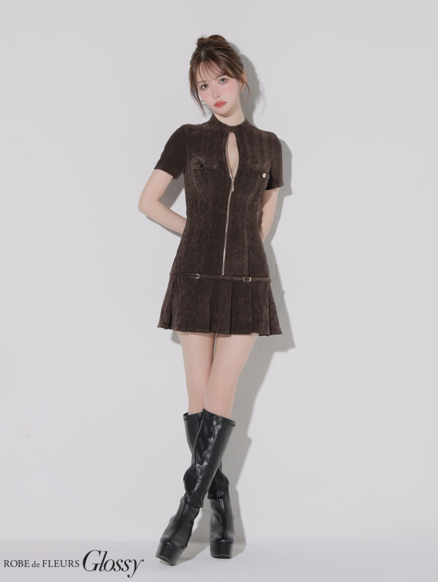 起毛ニットジップアップ半袖セットアップミニキャバドレス(GL3964) XS～Lサイズあり】起毛ニットジップアップ半袖セットアップミニキャバ