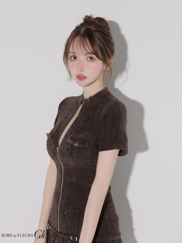 起毛ニットジップアップ半袖セットアップミニキャバドレス(GL3964) XS～Lサイズあり】起毛ニットジップアップ半袖セットアップミニキャバ