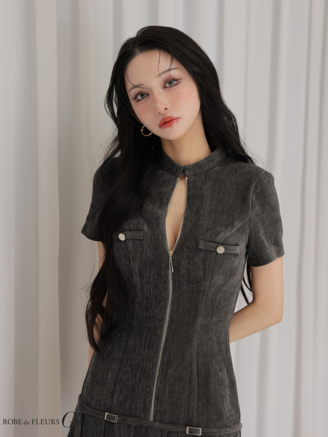 起毛ニットジップアップ半袖セットアップミニキャバドレス(GL3964) XS～Lサイズあり】起毛ニットジップアップ半袖セットアップミニキャバ