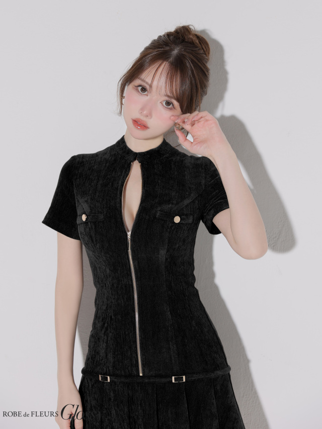 XS～Lサイズあり】起毛ニットジップアップ半袖セットアップミニキャバ