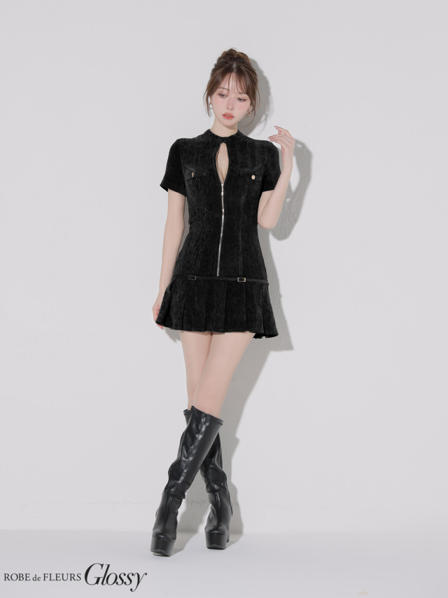 XS～Lサイズあり】起毛ニットジップアップ半袖セットアップミニキャバ