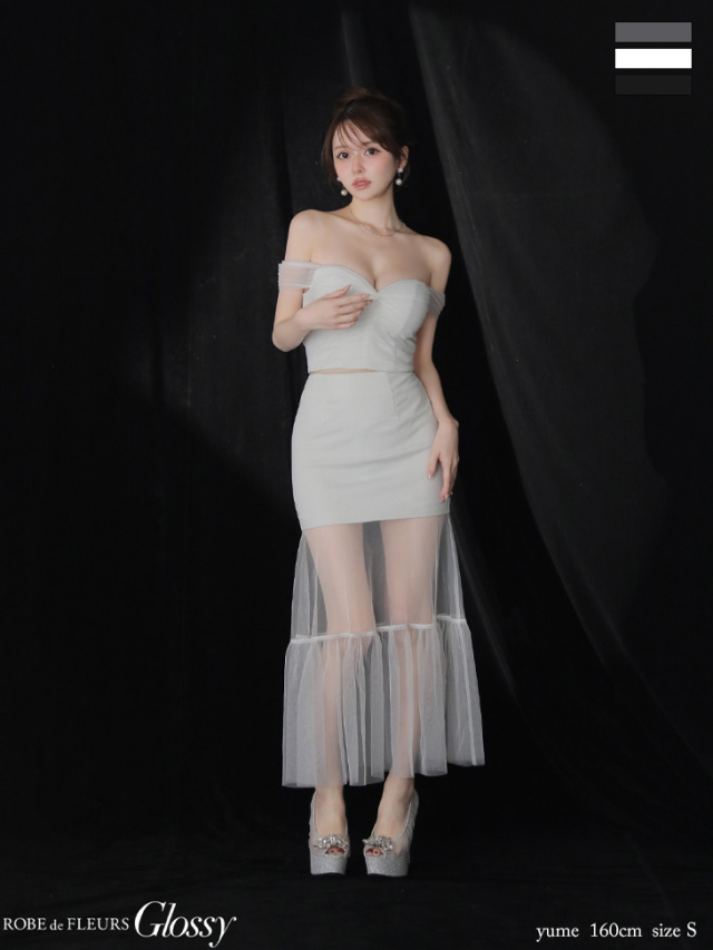 XS～Lサイズあり】ラメニットオフショルセットアップロングキャバ