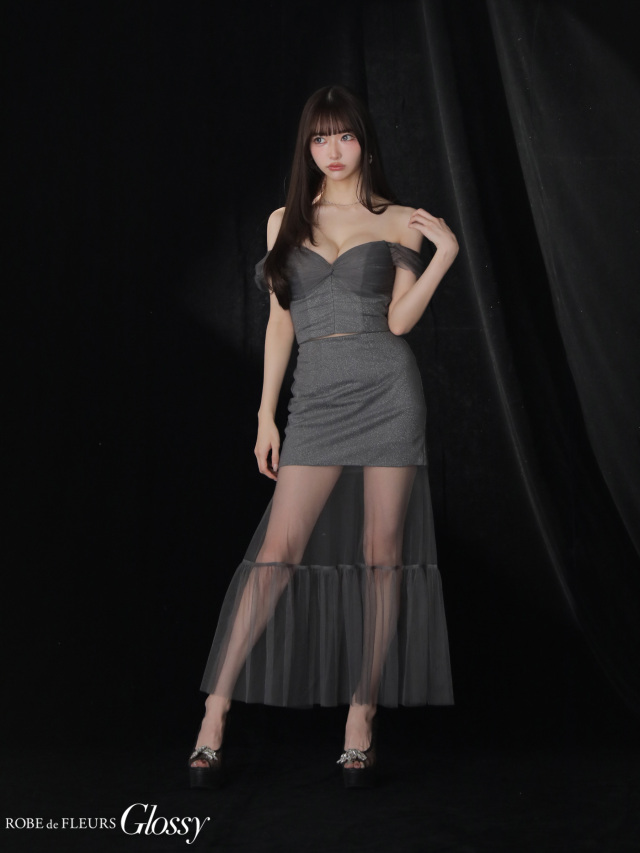 XS～Lサイズあり】ラメニットオフショルセットアップロングキャバ