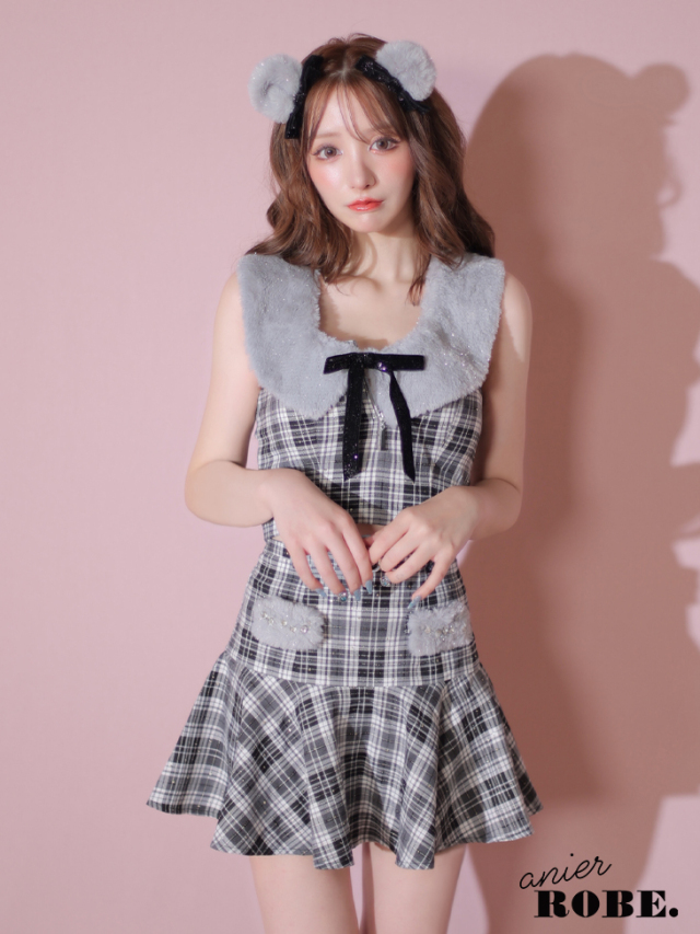 【XSサイズあり】Fluffy cute check bear setup mini dress (anier4044)