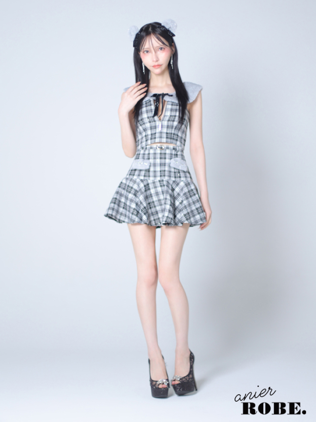 【XSサイズあり】Fluffy cute check bear setup mini dress (anier4044)