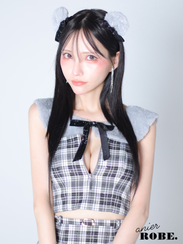 【XSサイズあり】Fluffy cute check bear setup mini dress (anier4044)